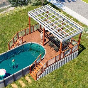 May include: An oval above-ground swimming pool with a wooden deck, white railings, and a white pergola. The deck features a dining set and stairs leading to the pool. The text BAMBOO DESIGNS Home Plans & Designs is visible in the bottom left corner.