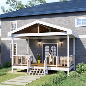May include: A two-story house with a gray exterior, a dark blue roof, and a white porch. The porch has a wooden railing and a small set of stairs. The house is surrounded by green grass and trees. The text "BAMBOO DESIGNS Home Plans & Designs" is visible.
