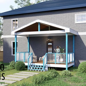 May include: A house exterior with a porch, featuring a gray facade and a dark blue roof. The porch has white railings and blue support beams. The image includes the text "BAMBOO DESIGNS Home Plans & Designs".