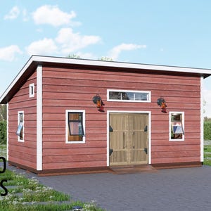 May include: A red wooden shed with white trim, a light-colored wooden door, and two windows. The shed has a flat roof and is surrounded by greenery. The text "BAMBOO DESIGNS" is visible in the lower left corner.