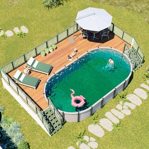 May include: An aerial view of an oval above-ground swimming pool with green water, surrounded by a wooden deck with green lounge chairs, a white umbrella, and a table. The Bamboo Designs Home Plans & Designs logo is visible in the bottom left corner.
