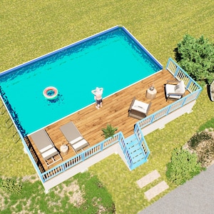 Puede incluir: Una piscina rectangular sobre el suelo con agua turquesa brillante, una terraza de madera con tumbonas, una mesa pequeña y barandillas azul claro. Una persona está de pie en la terraza. El texto BAMBOO DESIGNS Home Plans & Designs es visible.