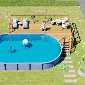 May include: An oval above-ground swimming pool with blue water and a colorful beach ball, adjacent to a wooden deck featuring lounge chairs, a table, and a railing. The text BAMBOO DESIGNS Home Plans & Designs is visible in the bottom left corner.