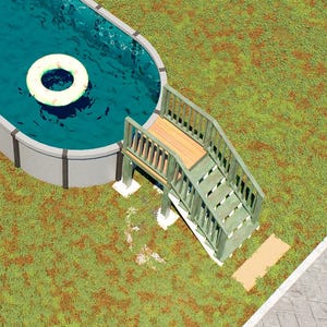 May include: An oval above-ground swimming pool with dark gray walls and a blue interior. A white circular pool float rests on the water surface. A set of green wooden stairs with a landing platform provides access to the pool edge. The text BAMBOO DESIGNS Home Plans & Designs appears in the lower left corner.