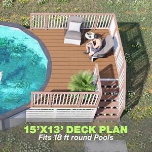 May include: An overhead shot of a garden featuring a circular swimming pool and a wooden deck. The pool contains clear blue water, a swimmer, and a red inflatable ring. The deck includes sun loungers and a small table. Text on the image reads "15'x13' DECK PLAN Fits 18 ft round Pools".