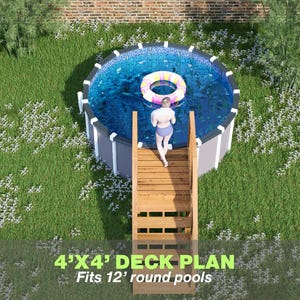Könnte beinhalten: Draufsicht auf einen runden Aufstellpool mit Holzterrasse und Treppe. Eine Person geht die Treppe hinunter in den Pool. Der Pool hat ein blaues Innere und ein weißes und graues Äußere. Der Terrassenplan passt für 3,66 m runde Pools.