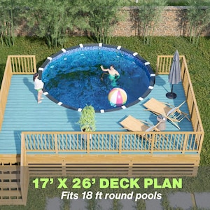 Könnte beinhalten: Draufsicht auf eine Holzterrasse mit einem runden Pool. Die Terrasse misst 5,18 m x 7,92 m und ist für runde Pools mit 5,49 m Durchmesser geeignet. Die Terrasse hat eine blaue Oberfläche und Holzgeländer. Der Text "BAMBOO DESIGNS" und "17' X 26' DECK PLAN" ist enthalten.