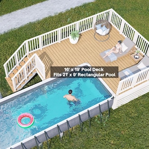 Jasper rechthoekig zwembadterras: 16 x 19 verhoogd zwemterras met loungegedeelte | DIY pdf-plannen