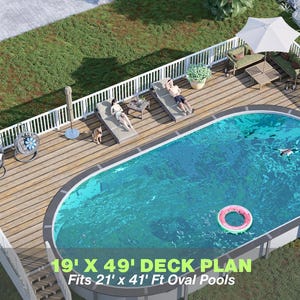 Delano Oval Pool Deck Plan – 19x49 Elevated Deck with Dual 6-Step Staircases | DIY PDF Plans