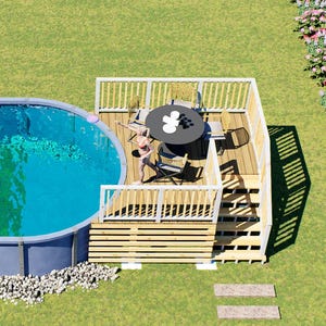 May include: An oval above-ground swimming pool with blue water and a wooden deck featuring a white railing, a black circular table, and chairs. The pool is surrounded by a stone border on a grassy lawn. Text reads BAMBOO DESIGNS Home Plans & Designs.