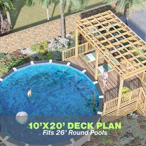 Ronni Pool Deck Plan - 10x20 oberirdisches Pool Deck für 26 'runde Pools | DIY PDF Pläne mit Treppen & Geländer Design