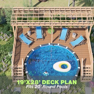 May include: An aerial view of a backyard deck plan with a round pool, blue lounge chairs, and a wooden pergola. The deck plan is 19'x28' and fits 20' round pools. The image also includes landscaping and a swing.