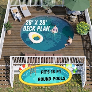 May include: An aerial view of a deck plan with a round pool. The deck is 28 x 28 feet and features a pool that fits 18 ft round pools. The image includes text that says "Bamboo Designs".