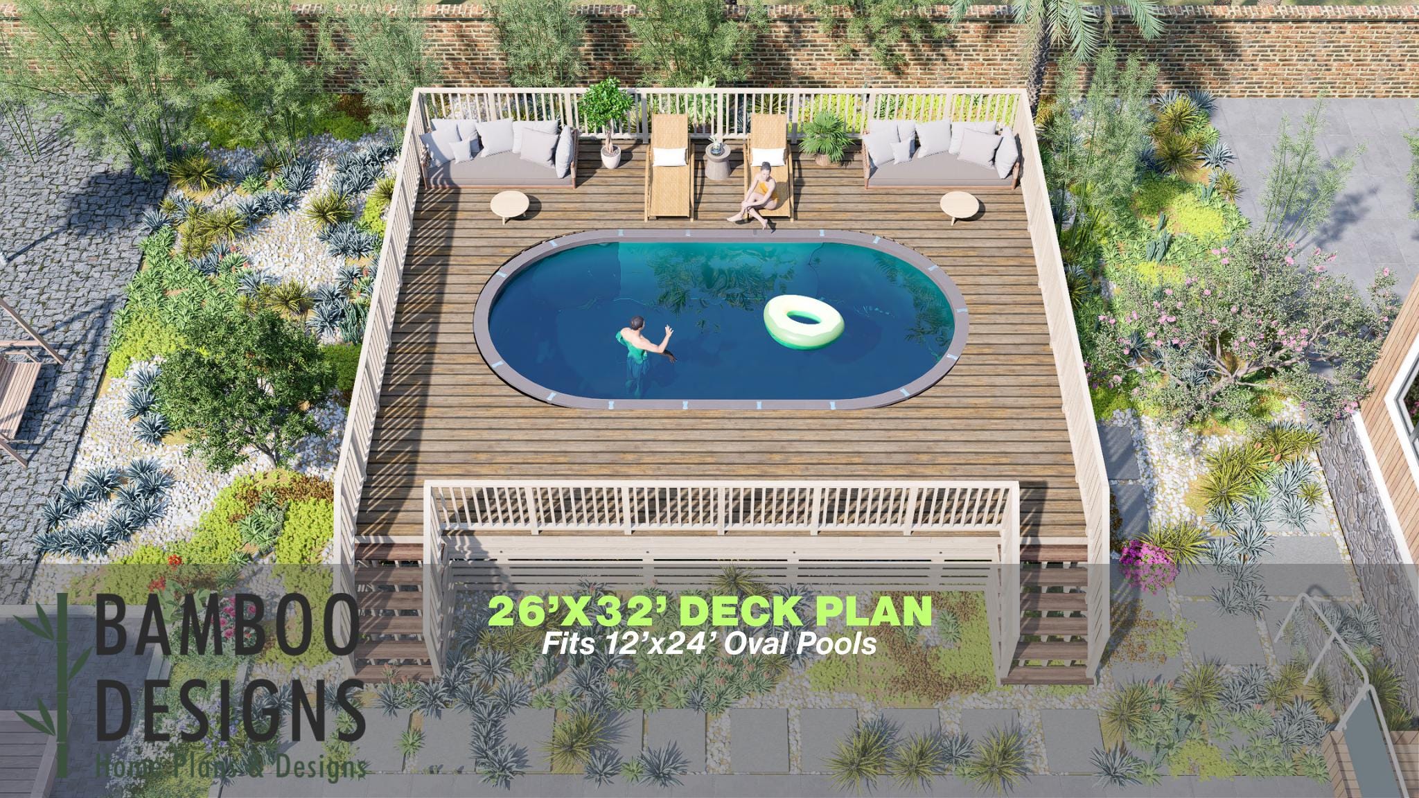 Image of Onondaga Pool Deck Plan - 26x32 Large Oval Above-Ground Pool Deck with Expansive Entertainment Layout | DIY PDF Plans