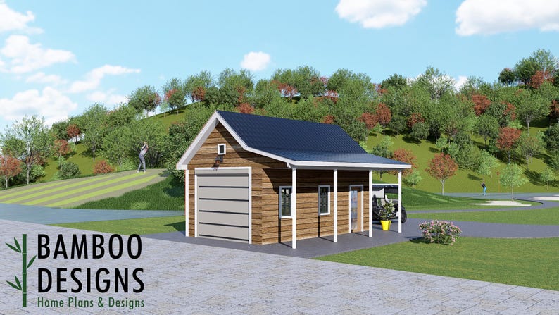 Goku 14x24 Golf Cart Shed Plan — Modern DIY Golf Cart Garage & Backyard Storage Building with Single-Slope Roof plan by Bamboo Designs
