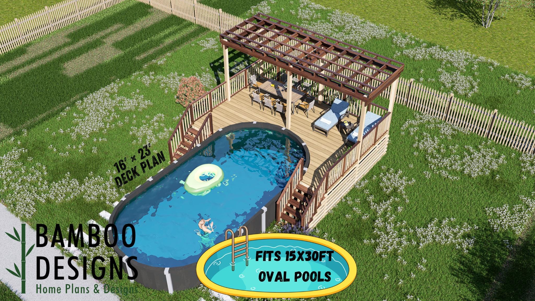 Image of Sienna Oval Pool Deck Plan - 15x30 Pool | 16x23 Compact Deck Layout | DIY PDF Plans