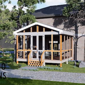May include: A detached sunroom structure with a gabled roof, wooden framing, and large glass panels. The exterior features a light gray trim, a set of double doors with a small staircase, and a dark interior floor. The text BAMBOO DESIGNS Home Plans & Designs is visible in the lower left corner.