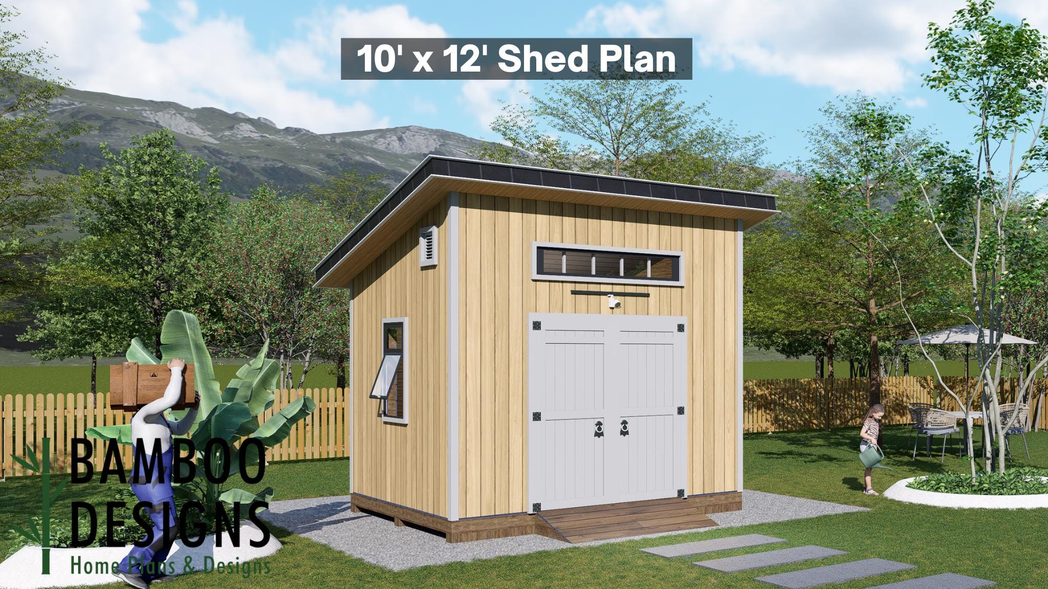 Image of Celest 10x12 Sloped Roof Shed Plan - Modern Lean-To Workshop, Studio, or Storage | DIY Backyard Building Plans (PDF)