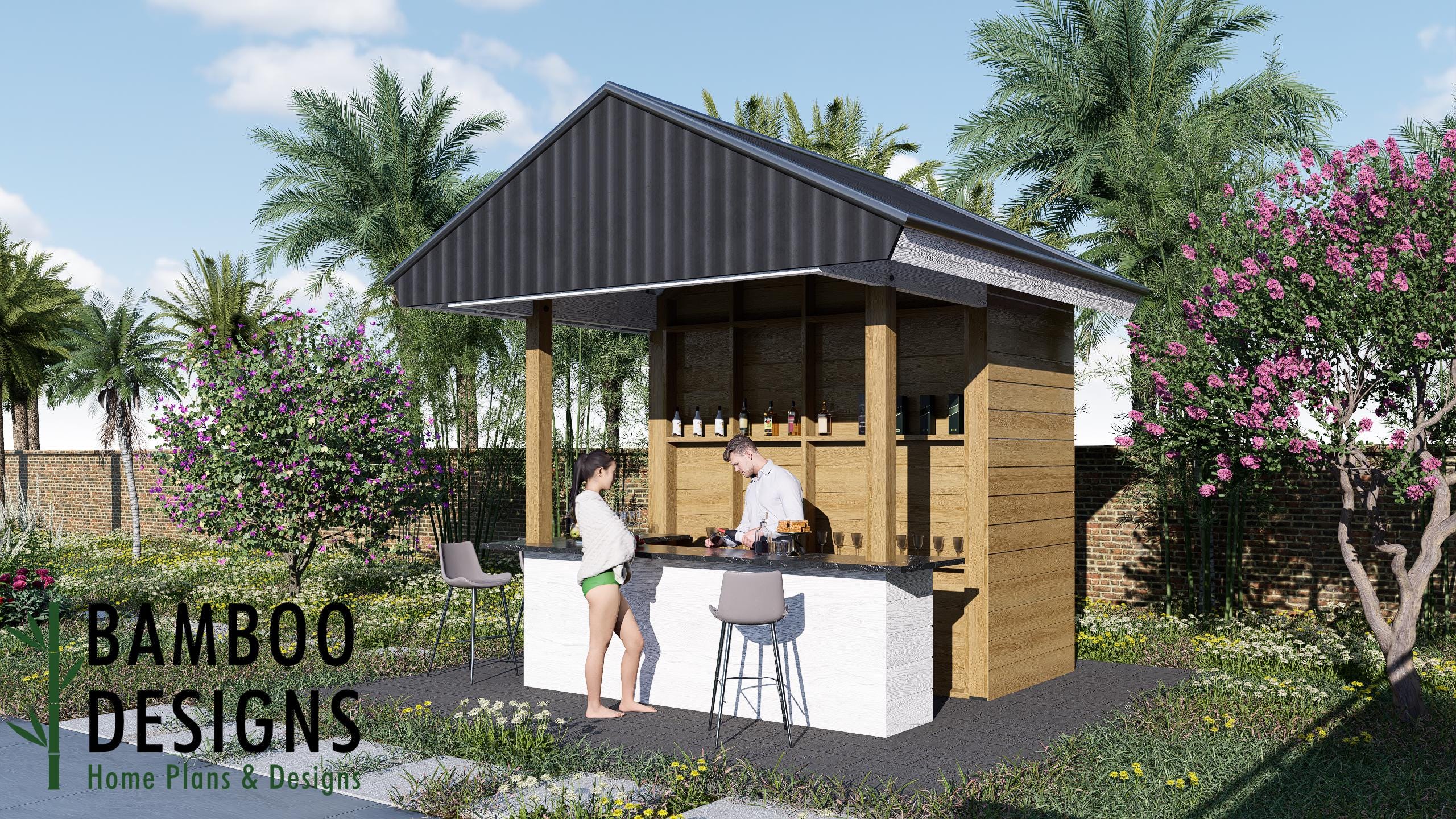Image of Nakamoto Outdoor Bar Plan - Rustic Gable Pergola with Serving Station | DIY Backyard Pub PDF | Wall for TV