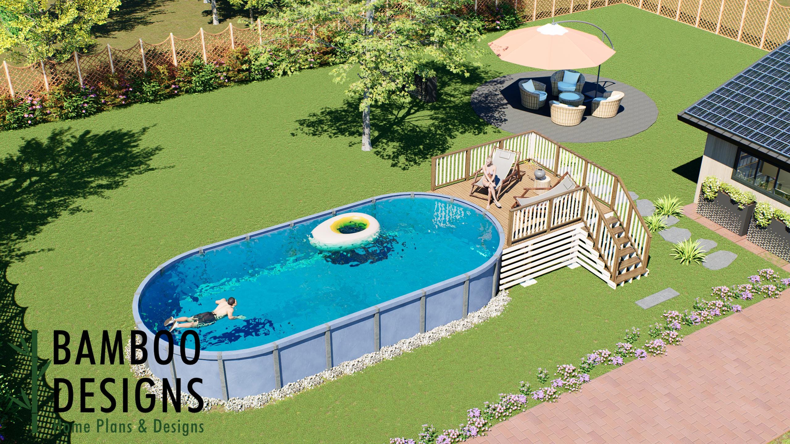 Image of Sophie Oval Pool Deck Plan - 10' x 12' Above-Ground Pool Deck for 16' x 32' Oval Pools with Staircase | DIY PDF Plans