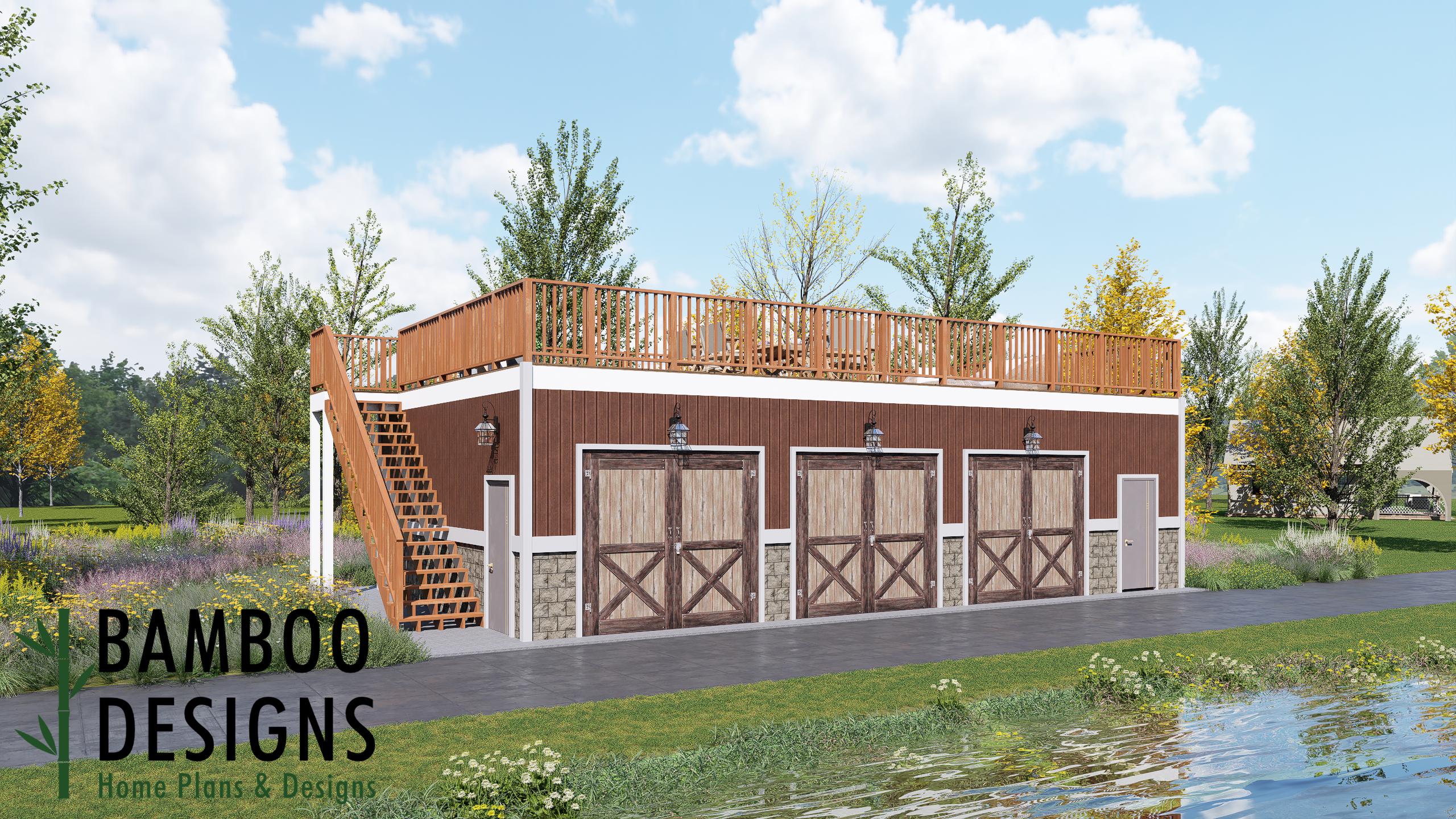 Image of Pinewood 24x42 Garage Shed Plan - Large Multi-Bay Garage with Deck Above | DIY PDF Plans, Rooftop Deck Garage, Workshop Build