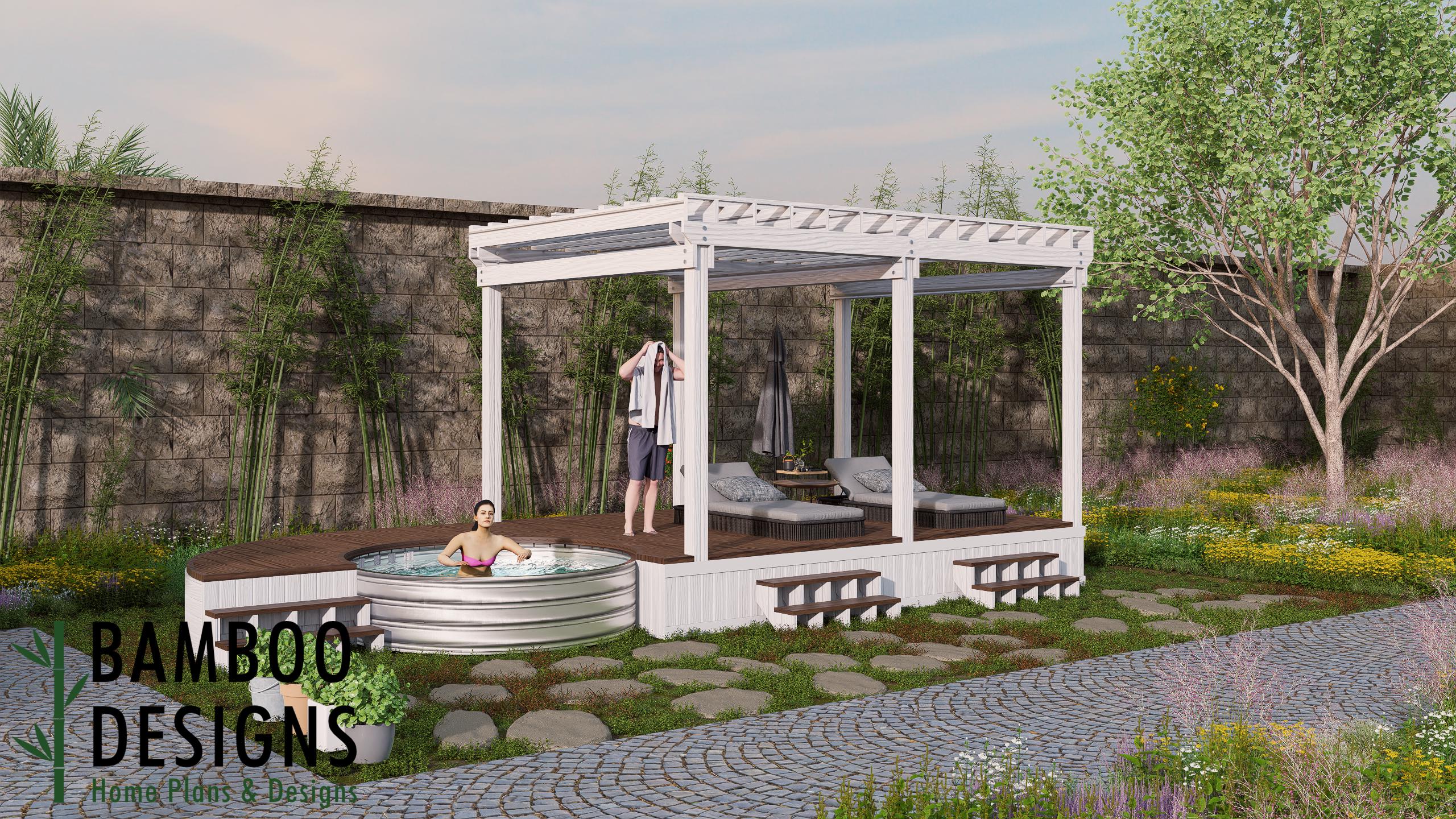 Image of Scottsdale Pool Deck & Pergola Plan - 12x17 Deck with 8ft Pool Cutout + Outdoor Living Pergola