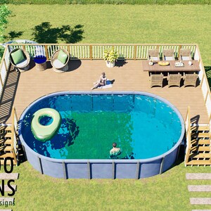 Könnte beinhalten: Ein ovaler Aufstellpool mit blauem Wasser und einem grünen aufblasbaren Ring, umgeben von einer Holzterrasse mit einem Essbereich mit sechs Stühlen, zwei Liegestühlen und einem Holzgeländer, wobei der Text BAMBOO DESIGNS sichtbar ist.