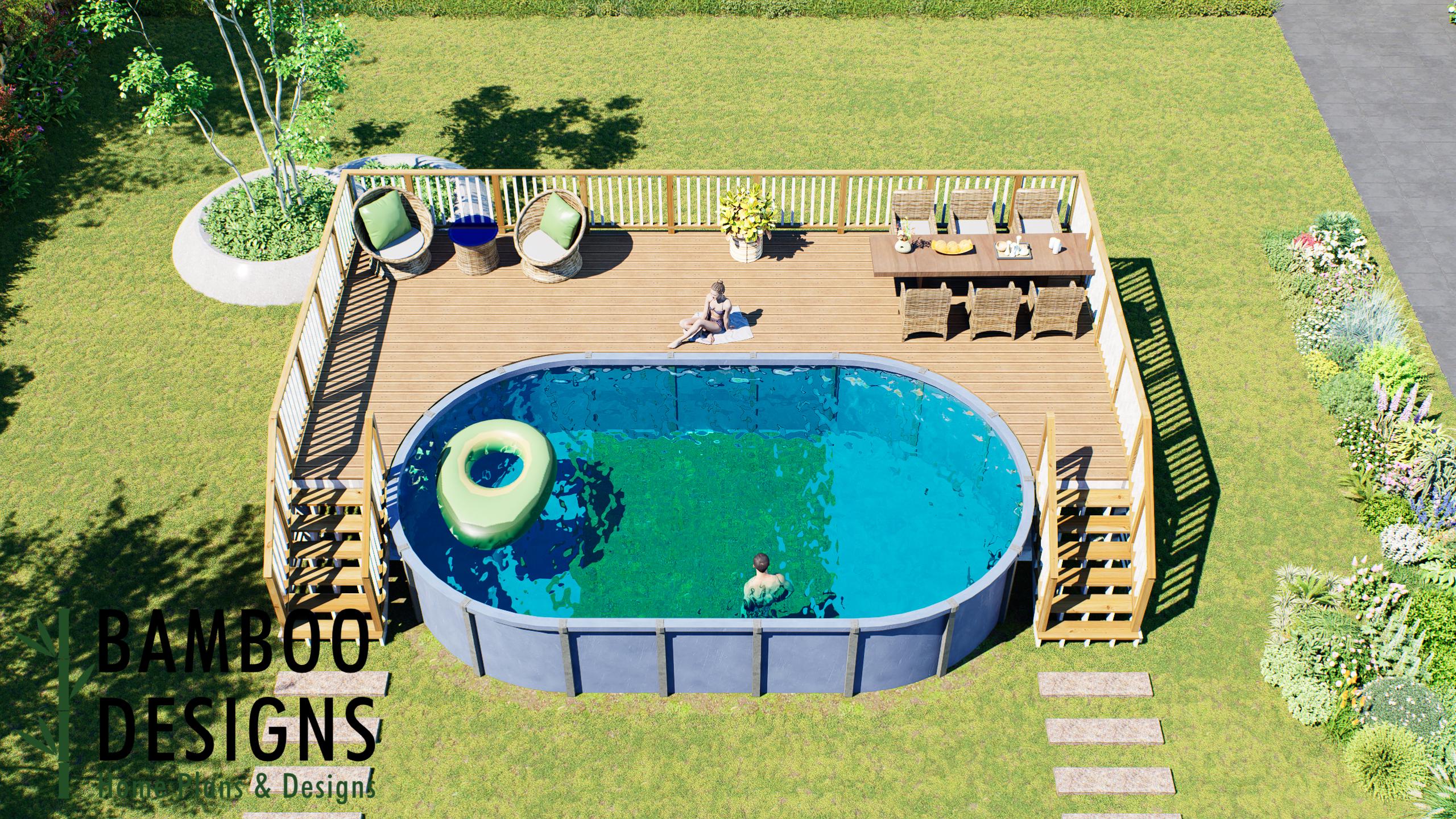 Image of Torch Oval Pool Deck Plan - 16x34 Full-Length Above-Ground Pool Deck with Staircase & Wraparound Access | DIY PDF Plans