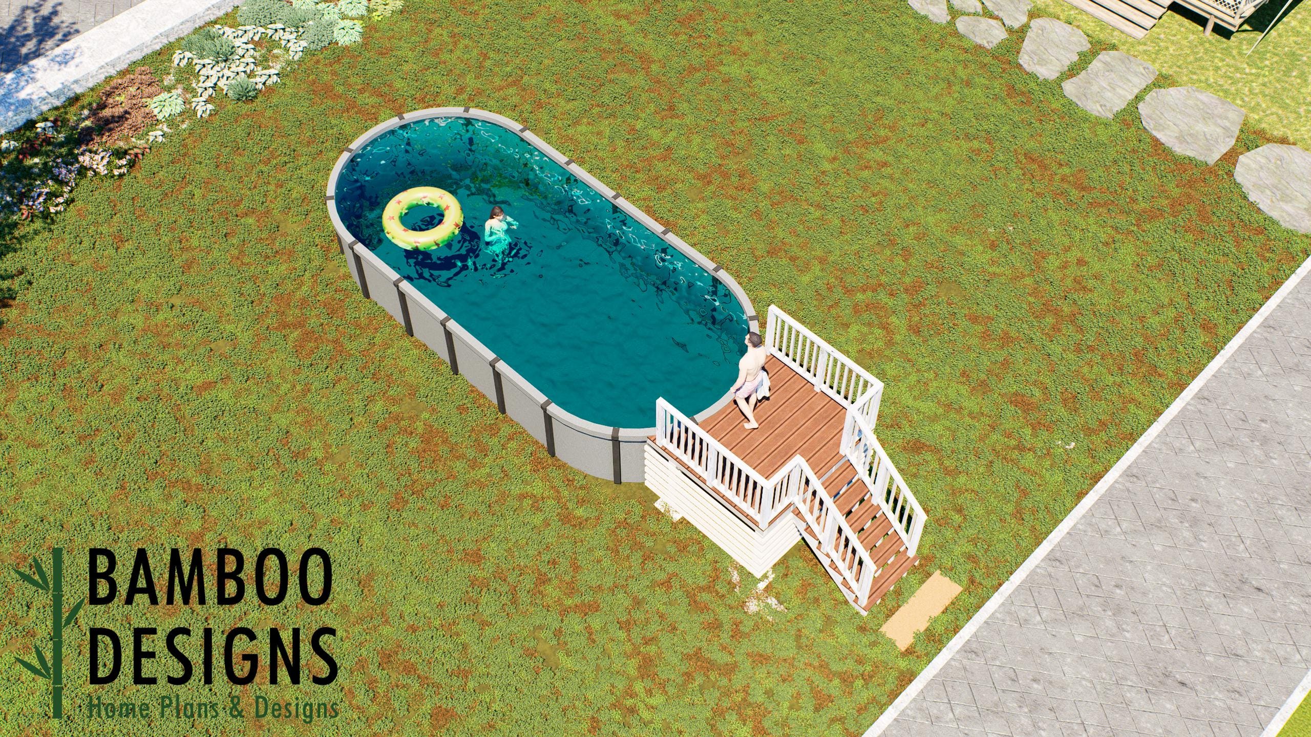 Image of Zeni Oval Pool Deck Plan - 6' x 8' Compact Above-Ground Pool Entry Deck for 12' x 27' Oval Pools | DIY PDF Building Plans