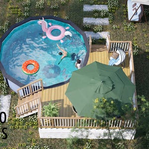 May include: An overhead shot of a garden featuring a pool with inflatables, a wooden deck, and patio furniture. A green parasol provides shade over the deck. The image includes the text "BAMBOO DESIGNS".