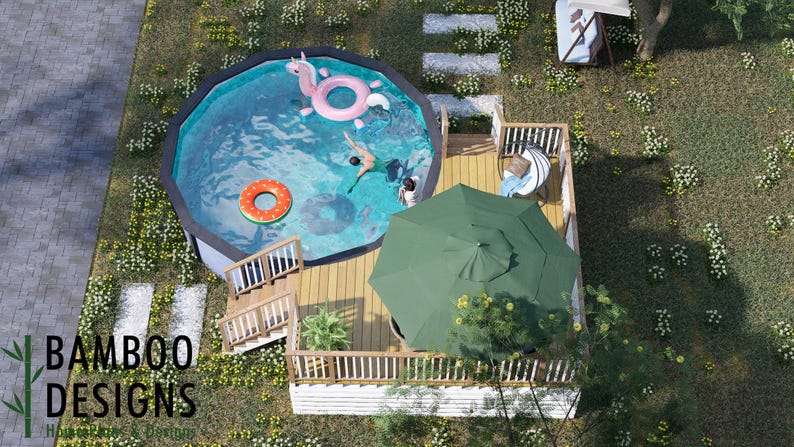 May include: An overhead shot of a garden featuring a pool with inflatables, a wooden deck, and patio furniture. A green parasol provides shade over the deck. The image includes the text "BAMBOO DESIGNS".