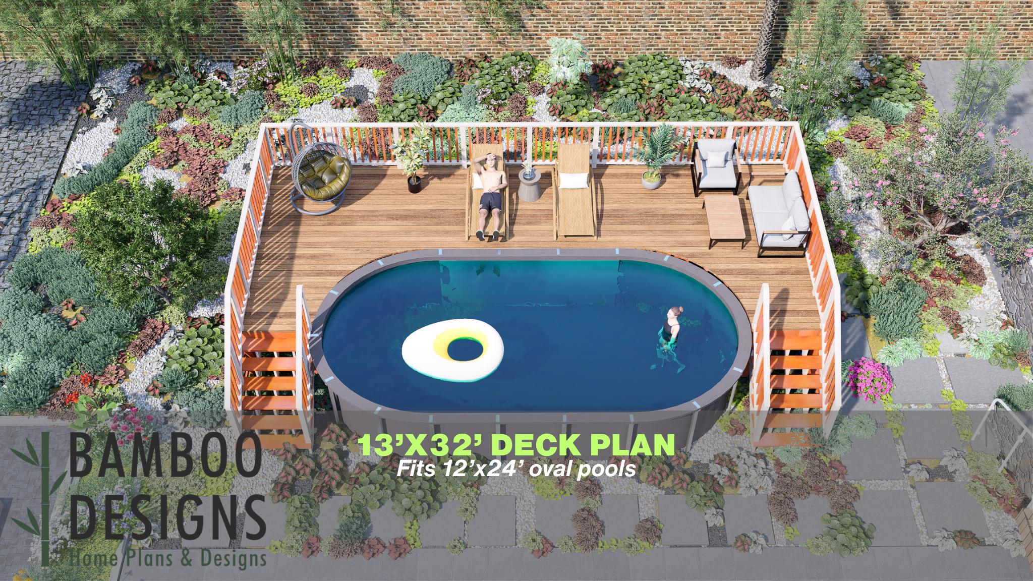 Image of Orange Blossom Pool Deck Plan - 13x32 Oval Pool Deck with Staircase | Large DIY PDF Plans