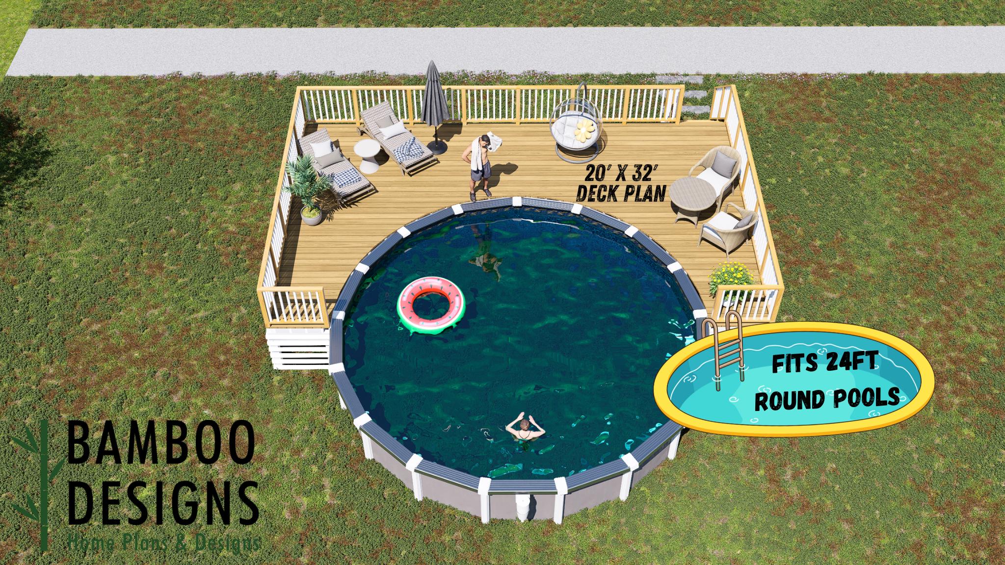 Image of Casani Bay Pool Deck Plan - 20x32 Wrap-Around Deck for 24' Round Above-Ground Pools