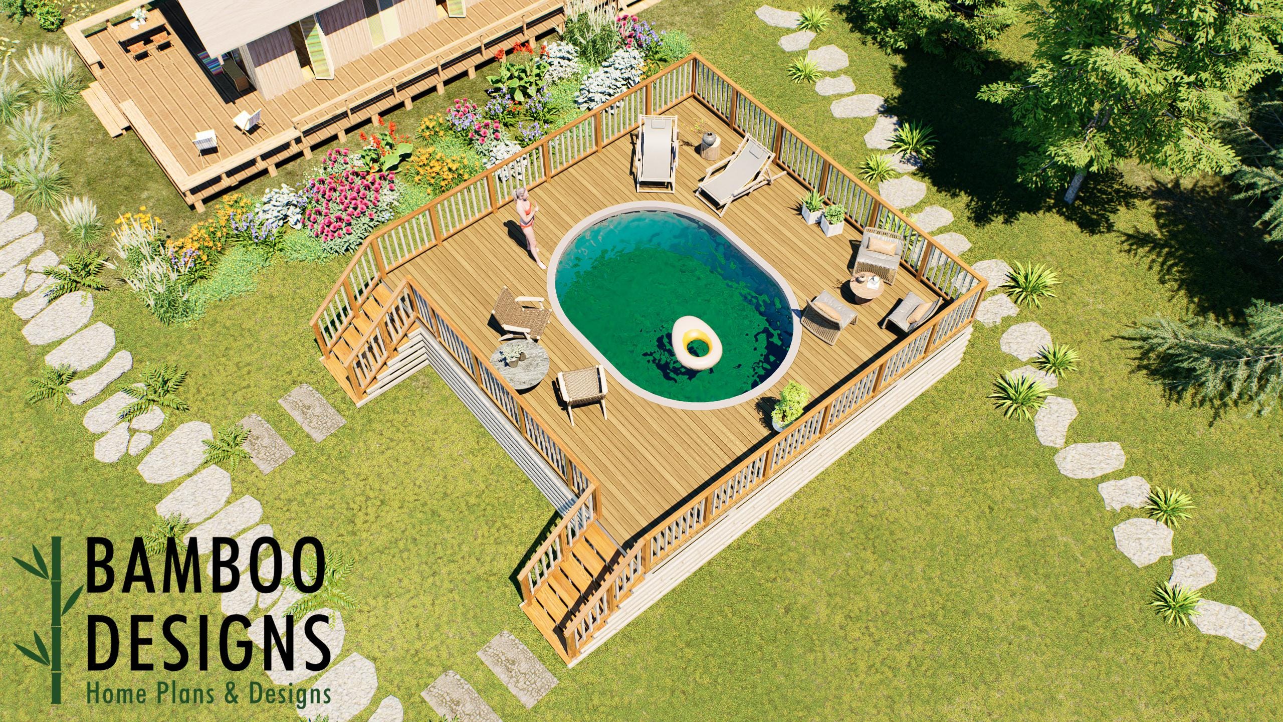 Image of Novak Oval Pool Deck Plan - 24x24 Luxury Above-Ground Pool Deck with Staircase & Entertainment Space | DIY PDF Plans