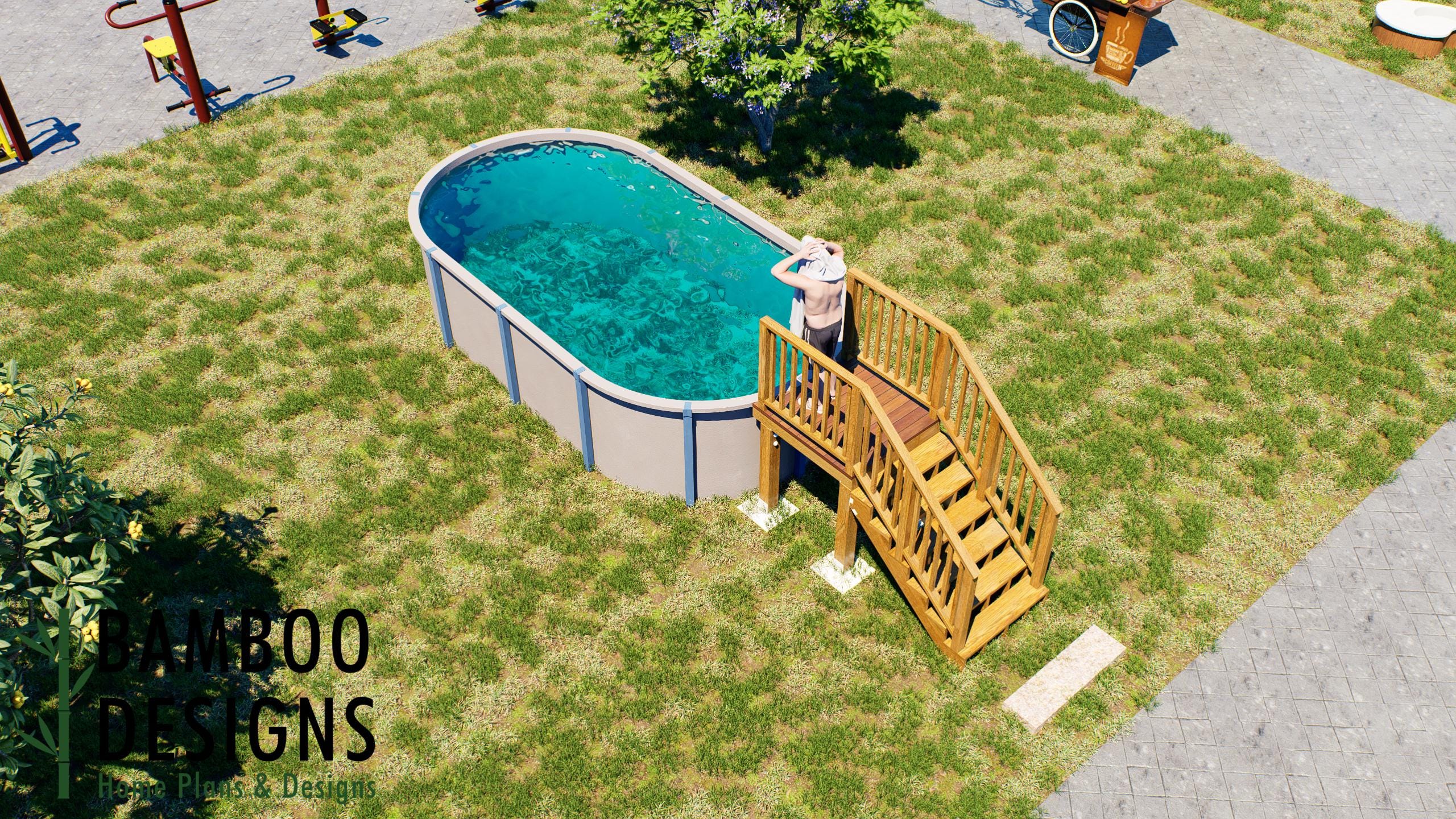 Image of Ciscar Oval Pool Deck Plan - 4' x 4' Compact Above-Ground Pool Entry Deck with 5-Step Staircase for 10' x 19' Oval Pools | DIY PDF Plans