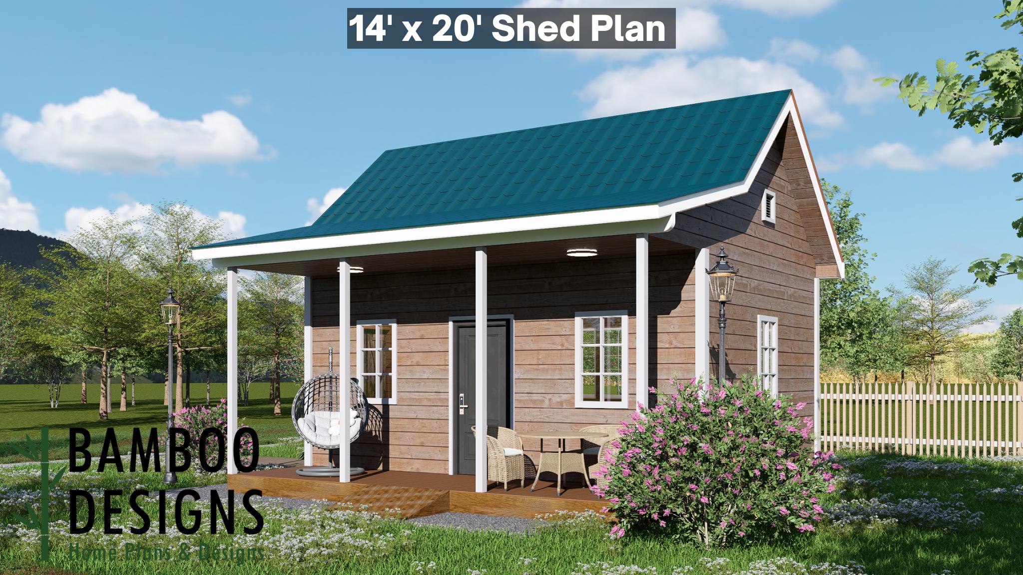 Image of Mosep 14x20 Porch Shed Plan - A Gable-Roof Haven with Full Wrap Porch Comfort