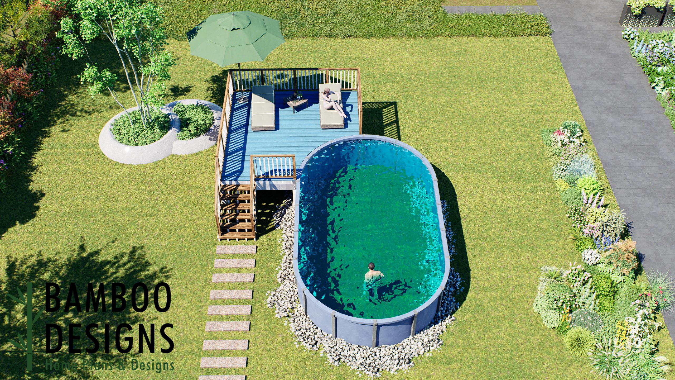 Image of Seol Oval Pool Deck Plan - 16x16 Above-Ground Pool Deck with Staircase & Entertainment Platform | DIY PDF Plans
