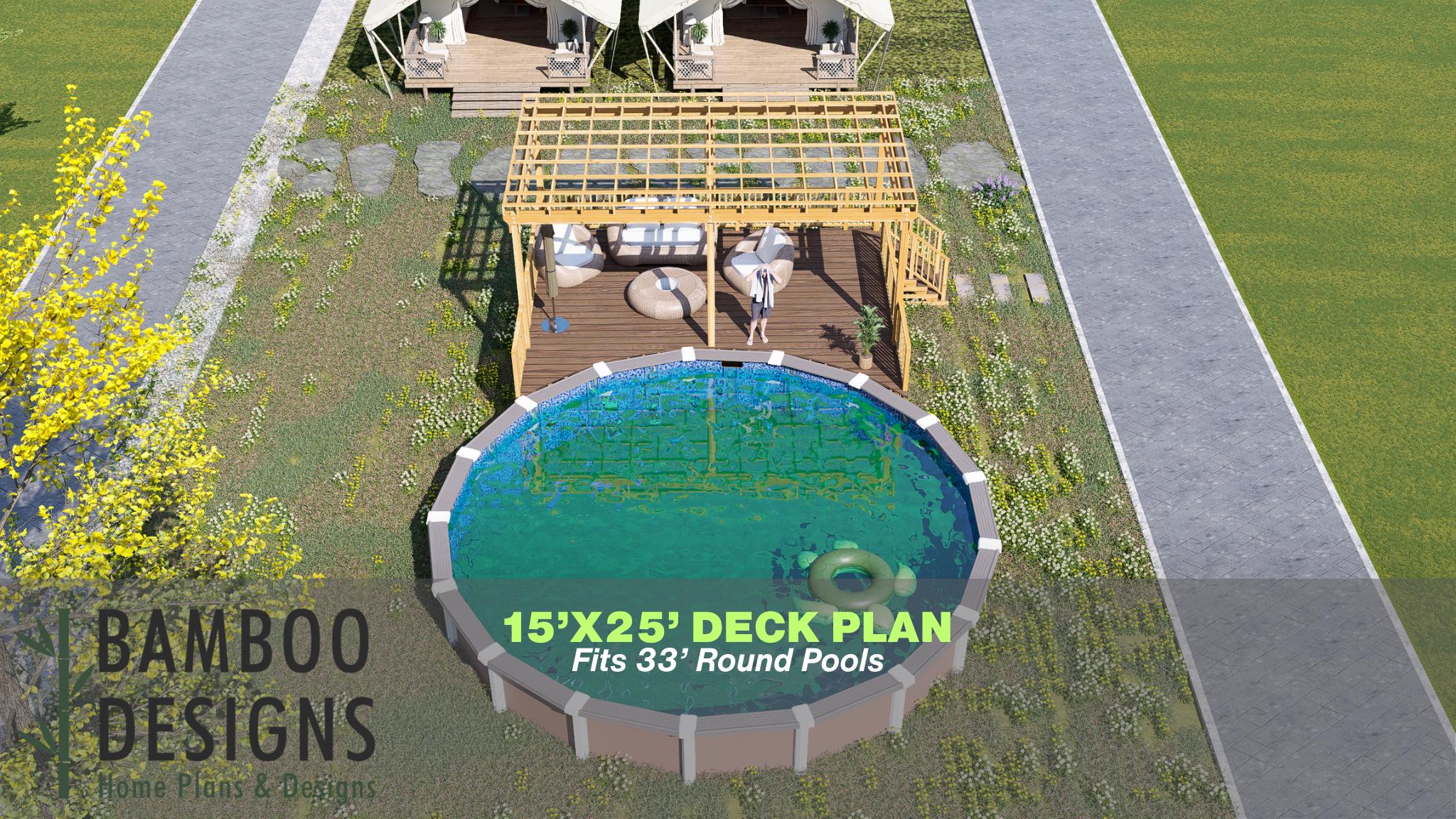 Image of Bonnie Pool Deck Plan - 15'x25' Above-Ground Pool Deck for 26' Round Pools with Spacious Layout | DIY PDF Plans