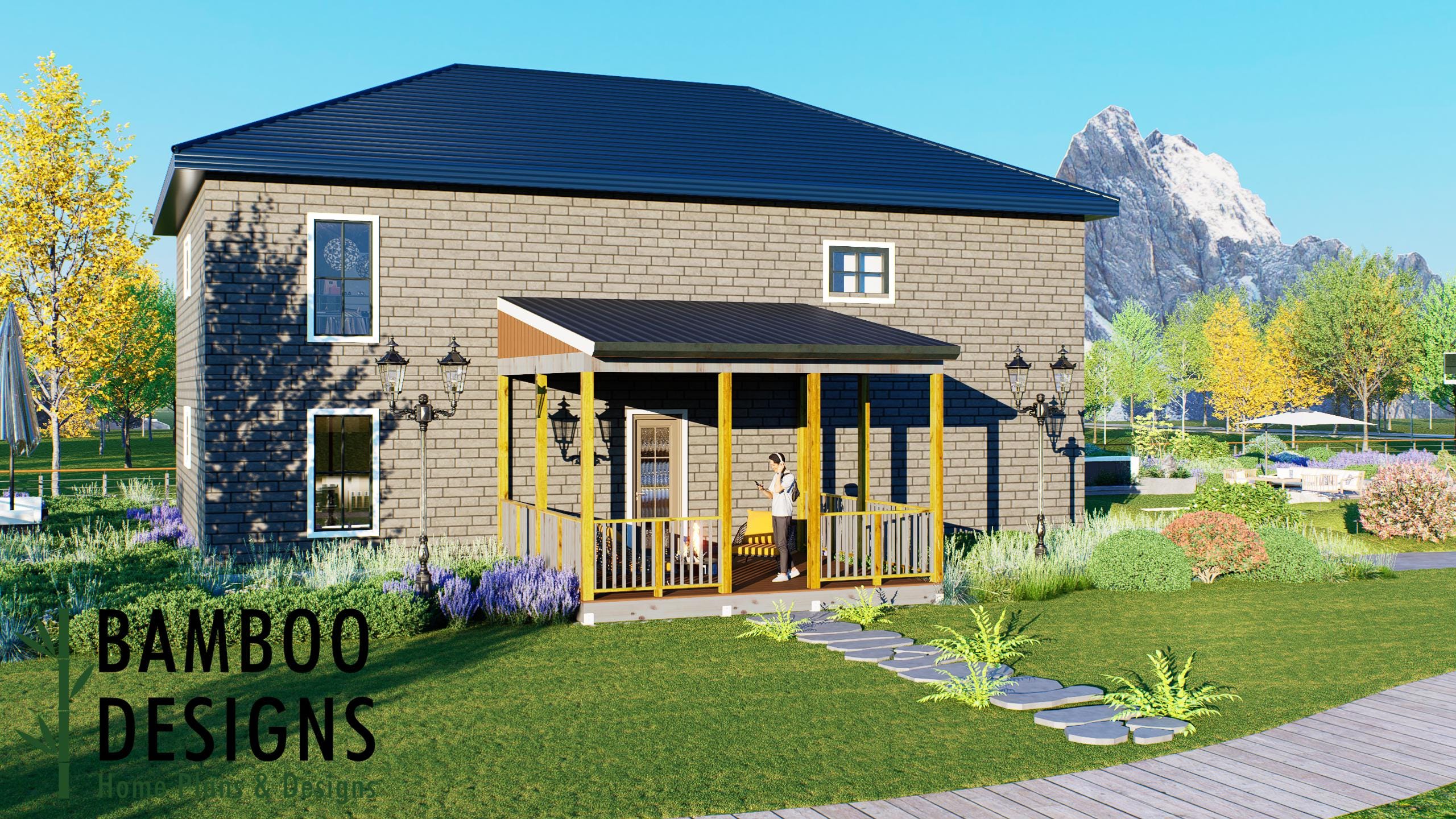 Image of Thuram 16x18 Deck Plan — Overground Backyard Deck with Classic Gable Porch Roof | DIY PDF Plans