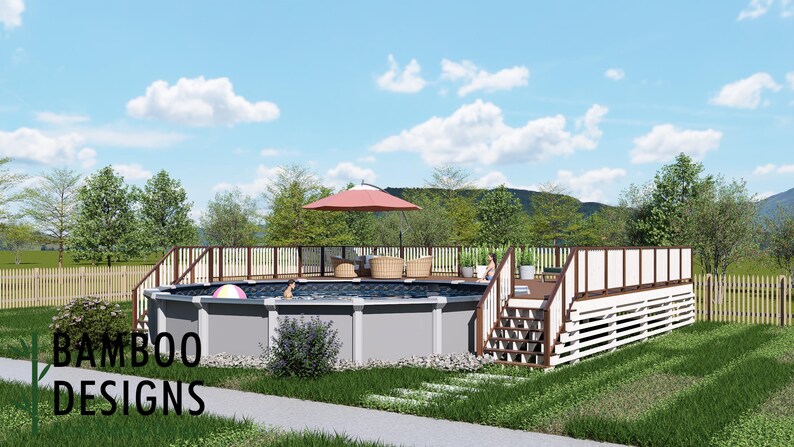 Tortuga – 30’ Round Pool Deck Plan | 30x40 Wrap Lounge Deck | DIY PDF ...