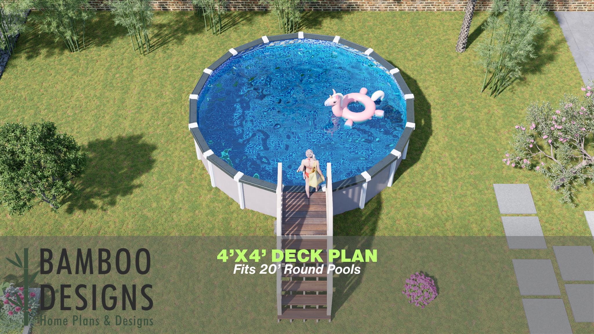 Plano de terraza redonda para piscina Kayla: terraza de entrada compacta de 4x4 pies para piscinas elevadas con escalera para piscinas de 20 pies / Pl