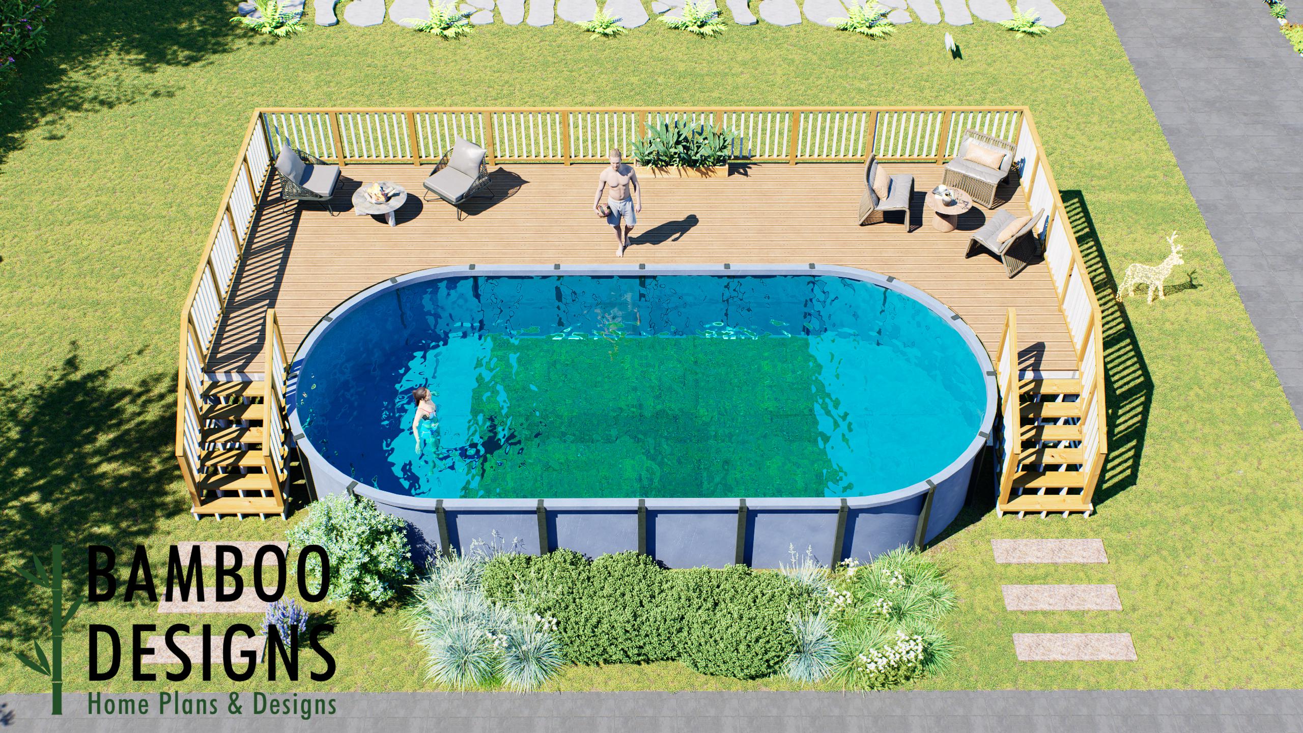 Image of Yukikio Oval Pool Deck Plan - 16' x 40' Above-Ground Pool Deck for 16' x 32' Oval Pools with Staircase | DIY PDF Plans