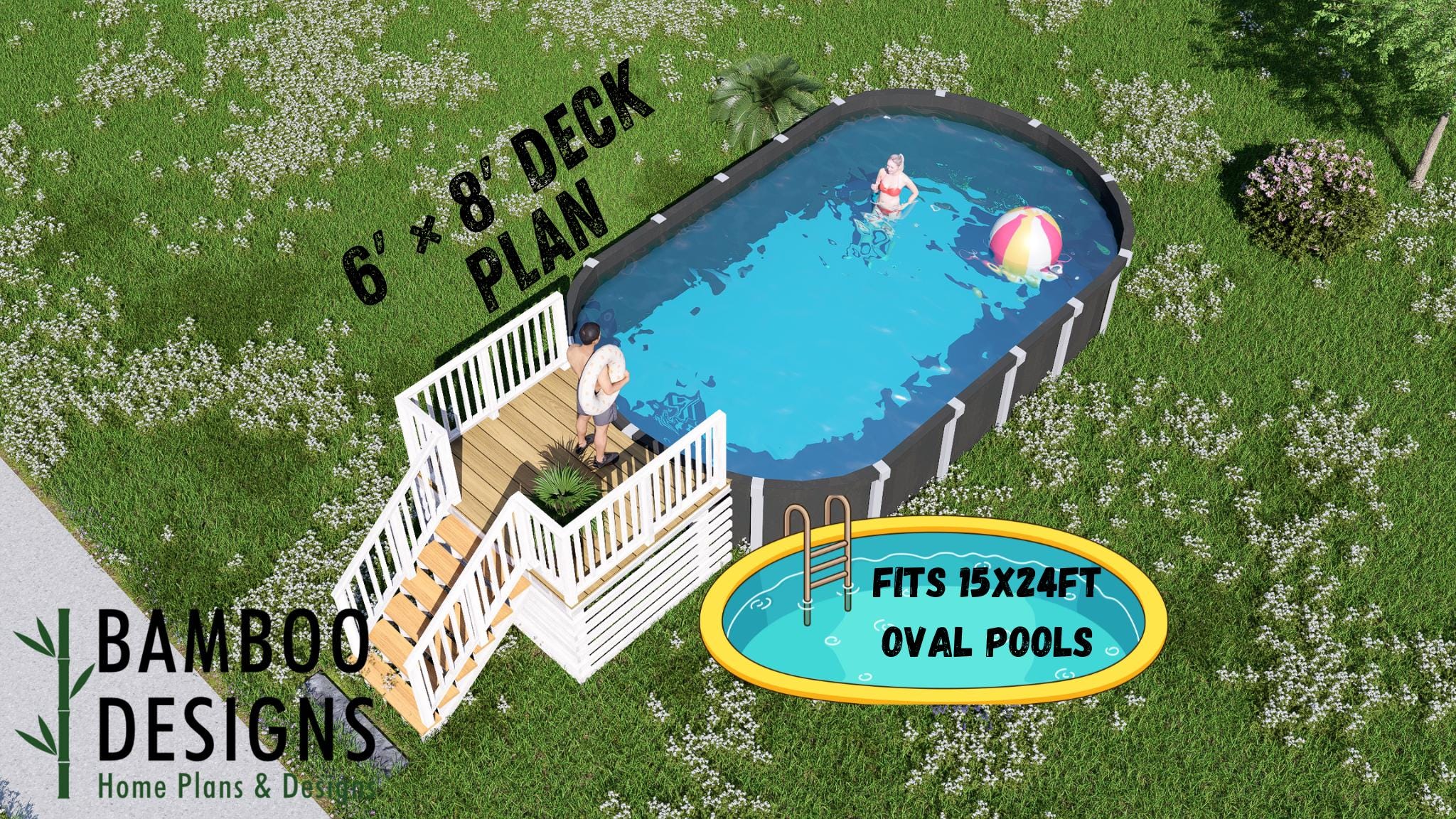 Plano de terraza ovalada para piscina Gandalf: terraza de entrada compacta de 6x8 para piscinas elevadas de 15x24