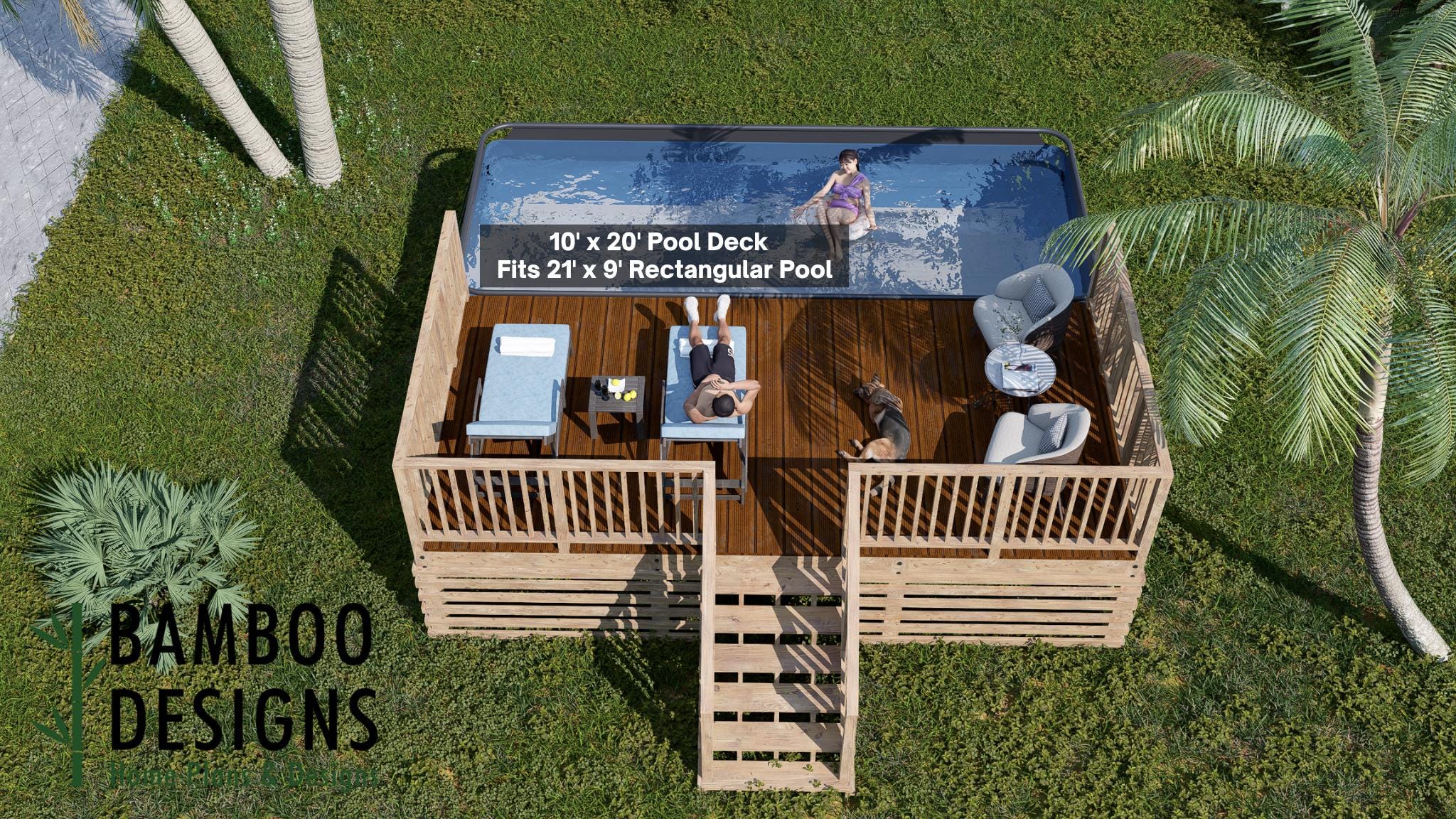 Image of Liberty 21x9 Pool Deck Plan - 10x20 Above-Ground Pool Lounge Deck with Railings | DIY PDF Plans