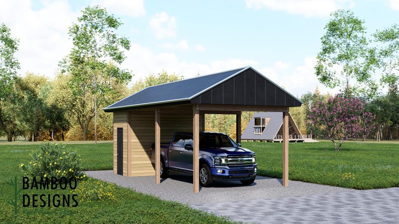 Classic Gable Roof Carport with Shed 12x26 plan by Bamboo Designs