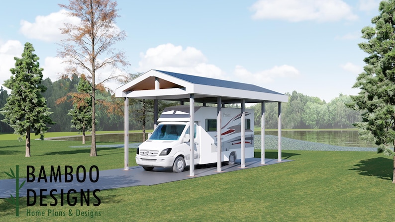 Hadley 14x30 RV Carport Plan — Spacious Motorhome, Camper & Travel Trailer Shelter plan by Bamboo Designs