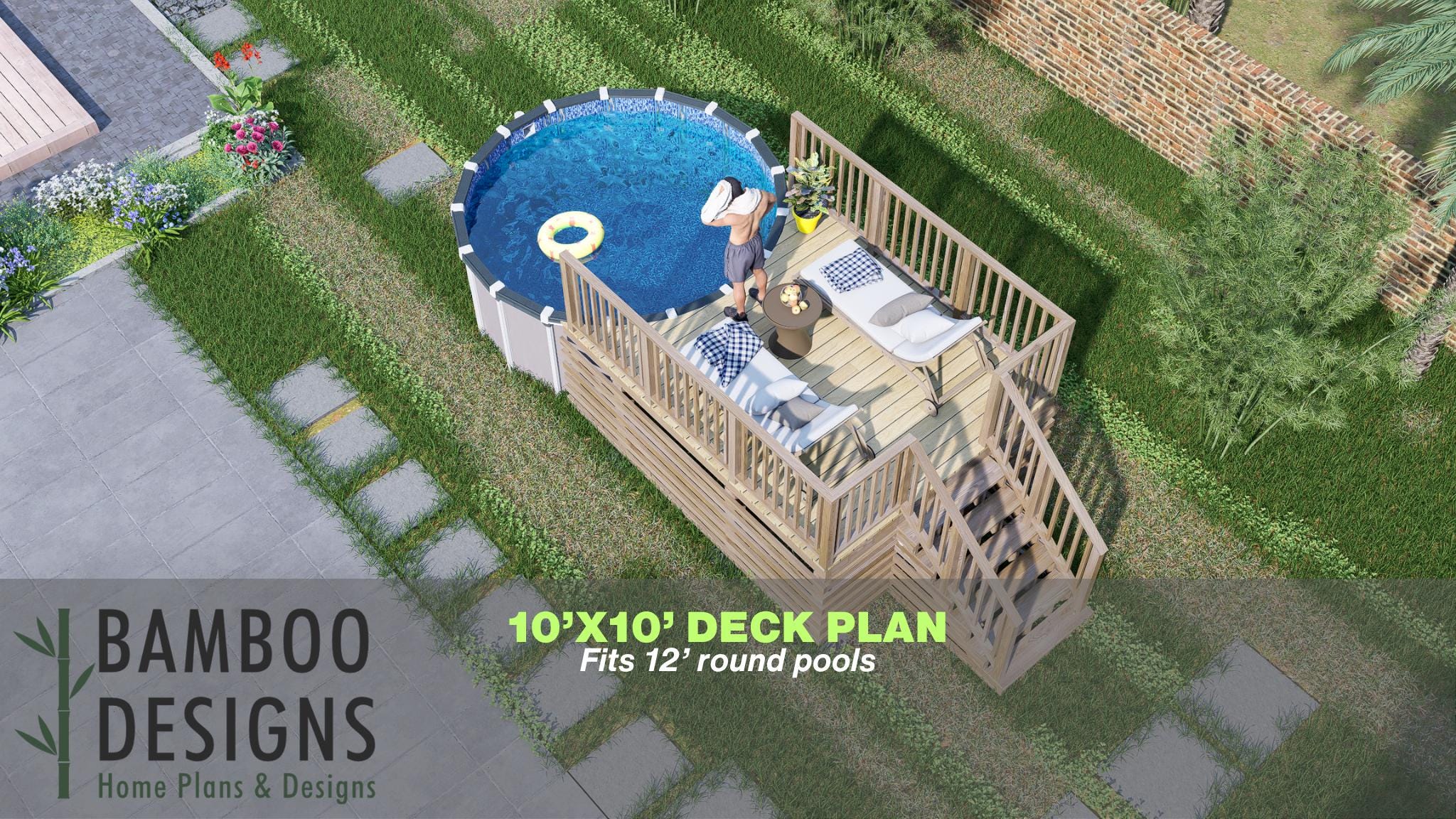 Image of Alma Circle Pool Deck Plan - 10x10 Above-Ground Pool Deck with Staircase | DIY PDF Plans for 12' Round Pools