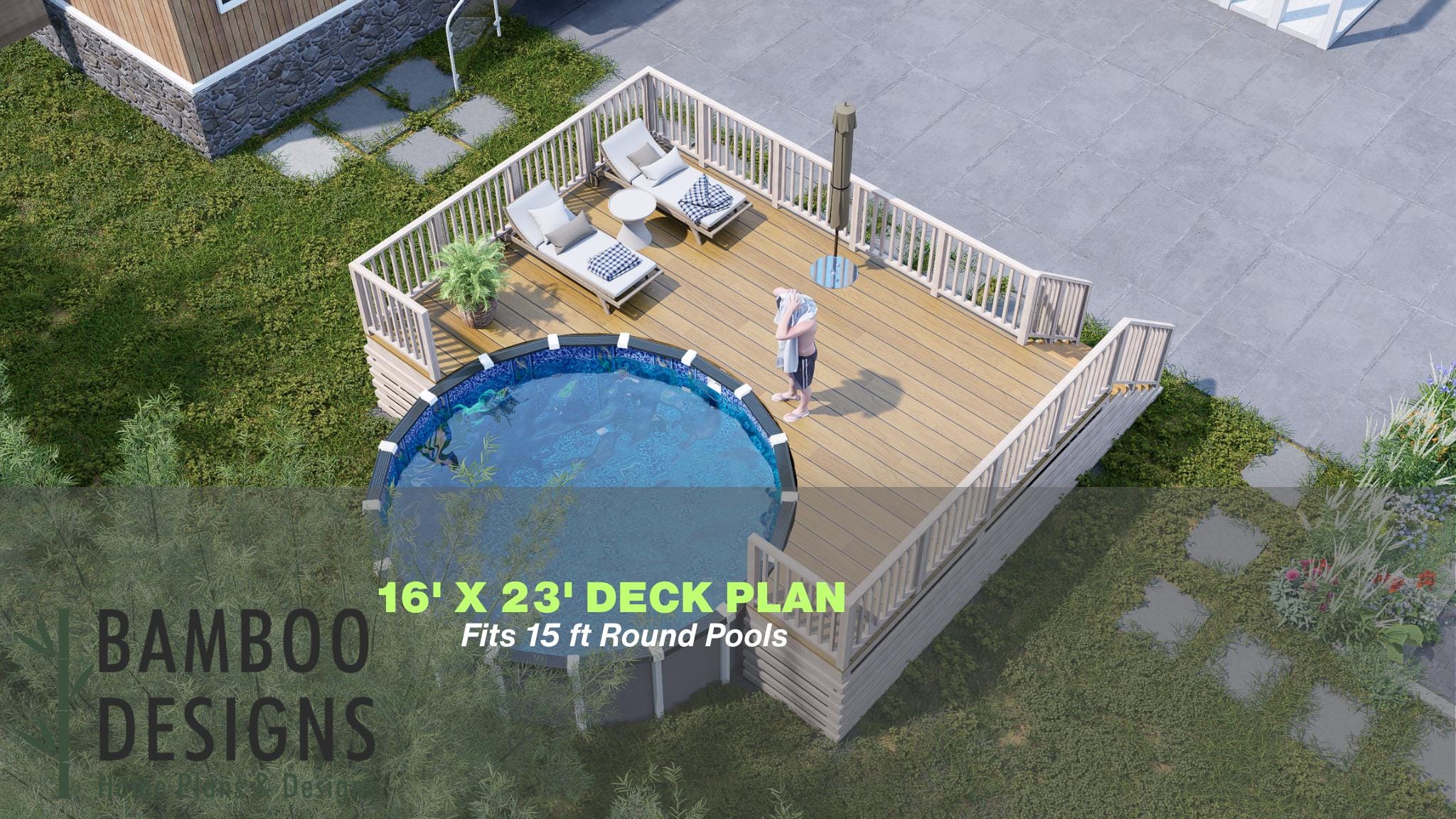 Image of Olivia Circle Pool Deck Plan - 16x23 Pool Deck for 15' Round Pools | DIY PDF Plans