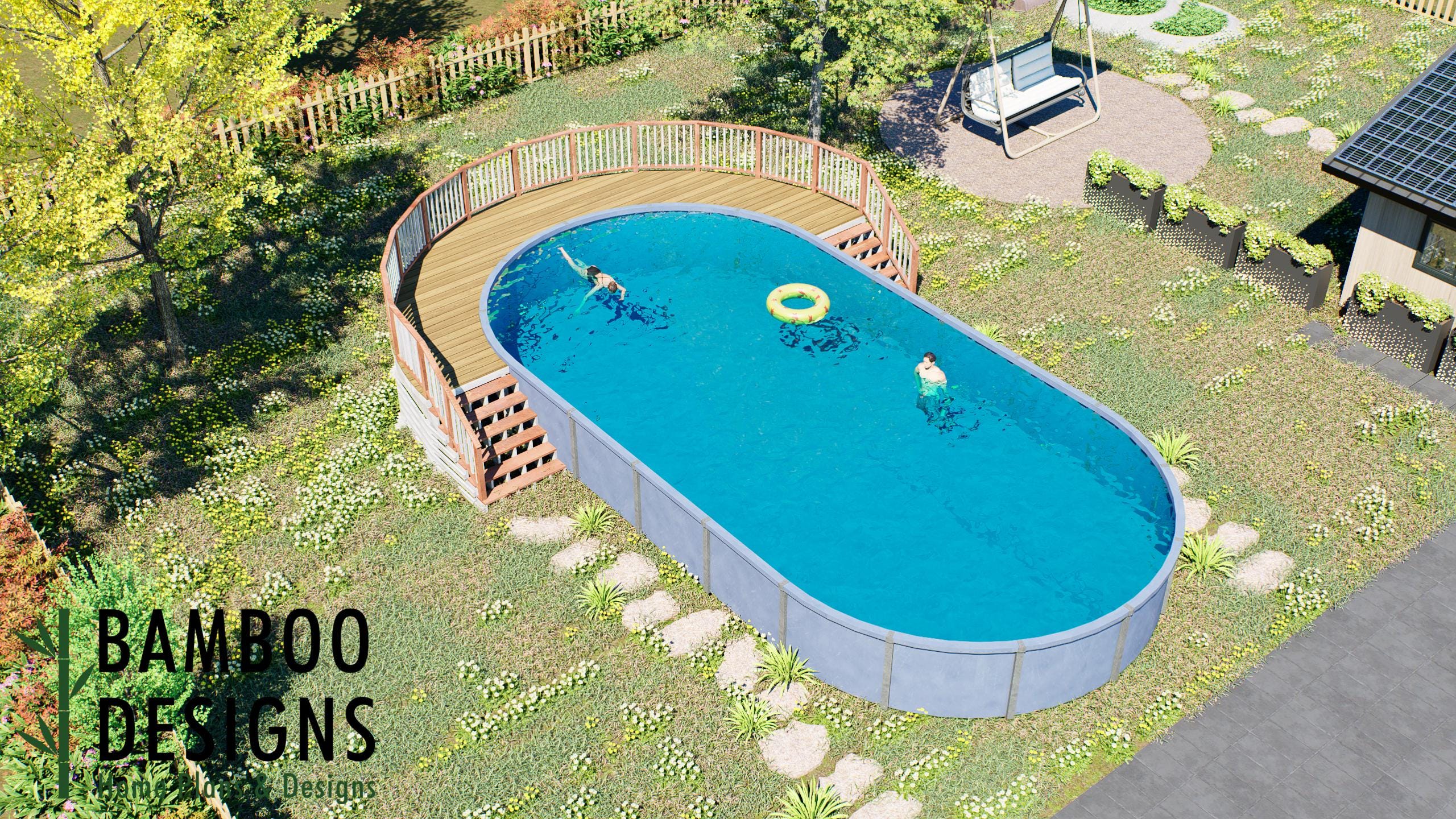 Image of Simone Oval Pool Deck Plan - 5' Wraparound Above-Ground Pool Deck with Staircase & Safety Railings | DIY PDF Plans for 21'x43' Oval Pools