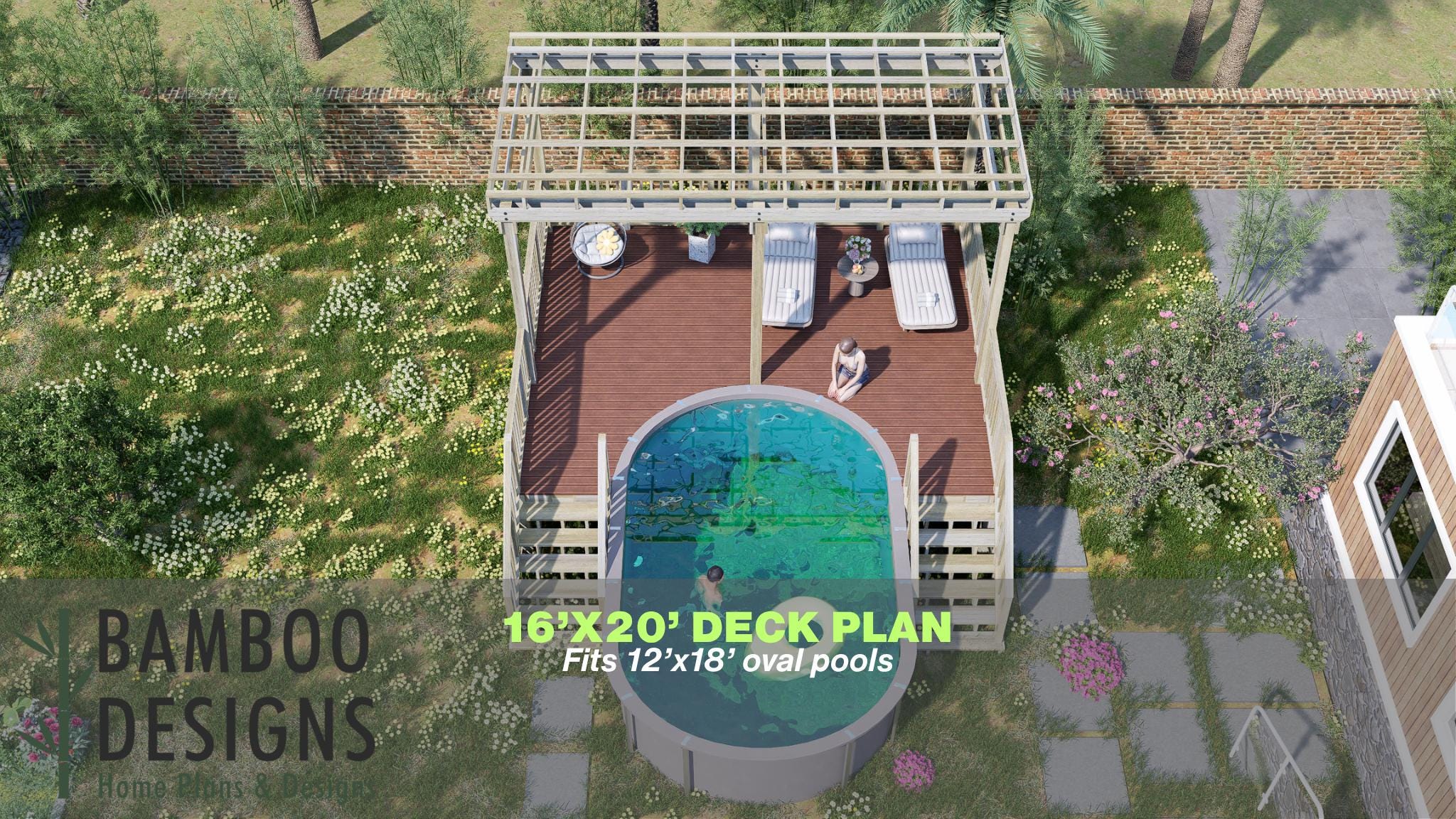 Image of Seraphina Oval Pool Deck Plan - 16x20 Above-Ground Pool Deck for 12x18 Oval Pools with Stair Access | DIY PDF Plans
